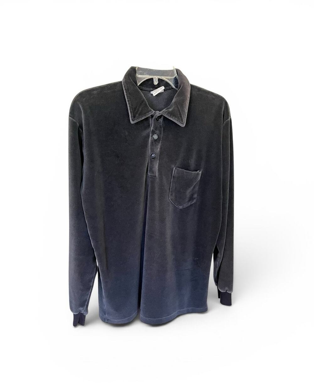 Vintage 70s Campus Velour Gray Black Long Sleeve Polo Shirt Men’s L